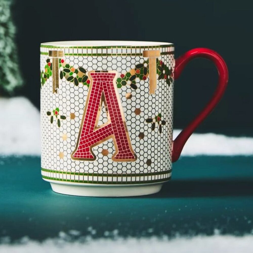 Anthropologie Festive Bistro Tile Stoneware Monogram Mug Letter "A" Red 24k gold